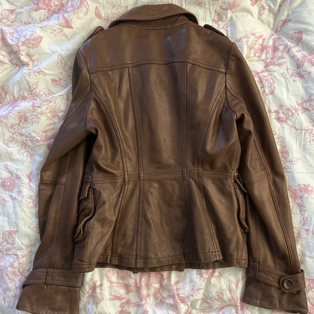 Brown leather button up jacket with double-breast… - image 3